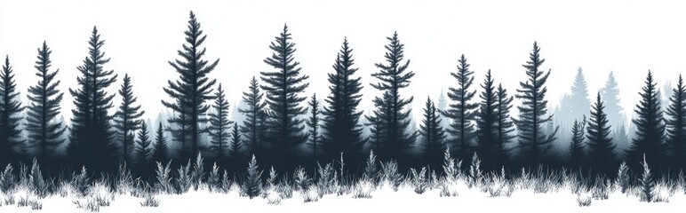 Obraz premium The silhouette of evergreen trees in a forest forms a seamless border in this modern illustration