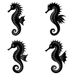 Obraz premium Four black seahorse silhouettes arranged in a square pattern on a white background illustration style