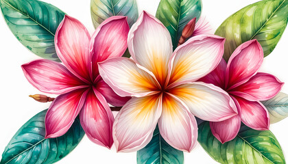 Obraz premium Bold pinks, pristine whites, and sunny yellows define this exquisite watercolor Plumeria cluster, perfect for a vibrant and artistic decorative touch, set against a bright, clean background.