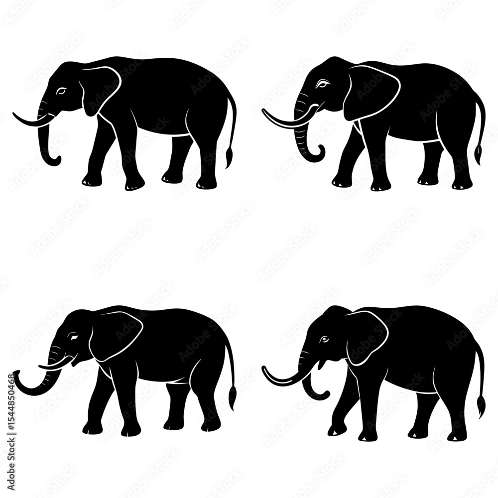 Poster four black silhouette elephants standing on a white background in a repeating pattern design style