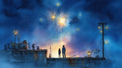 Family Silhouettes Watching Fireworks on City Rooftop at Night