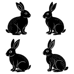 Four black rabbits with long ears sitting in various poses on a white background in a seamless pattern