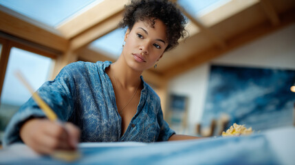 Young woman sketching blueprint with pencil and shavings