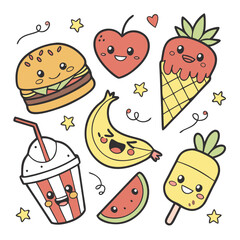 Happy Cartoon Food and Fruit Doodles in Kawaii Style
