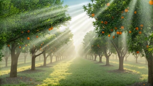 Majestic sunrise illuminates a vibrant orange grove showcasing rows of fruitful trees bathed in golden sunlight creating a picturesque agricultural scene.