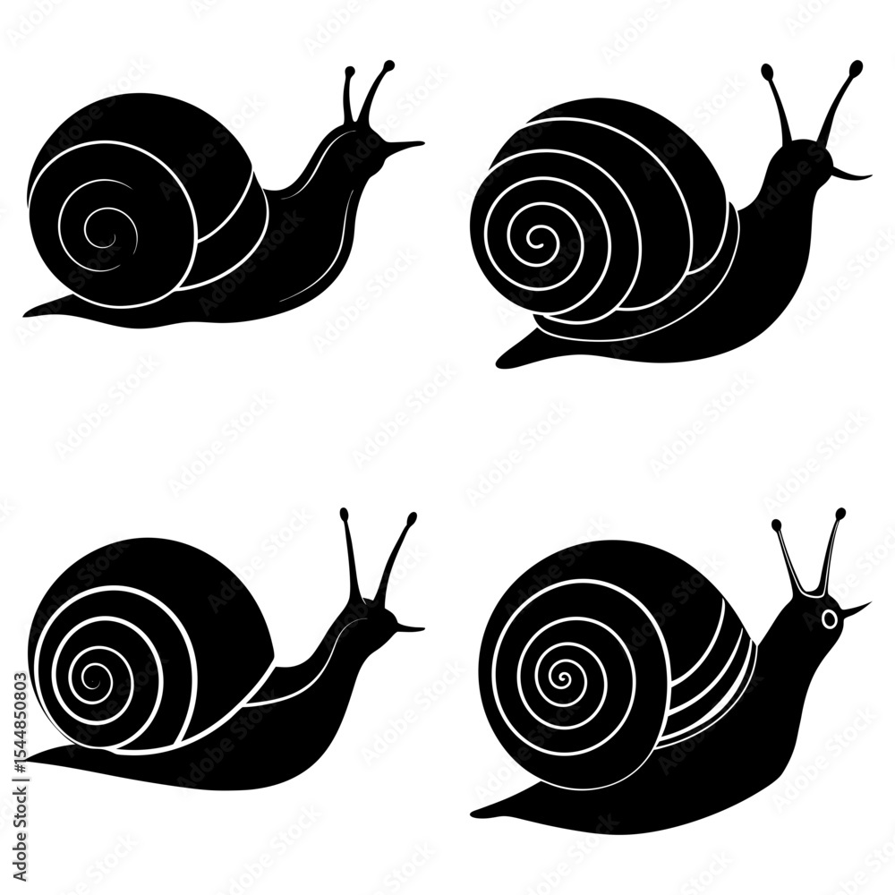 Poster four snail silhouettes with spiral shells and antennae arranged on a white background in a pattern