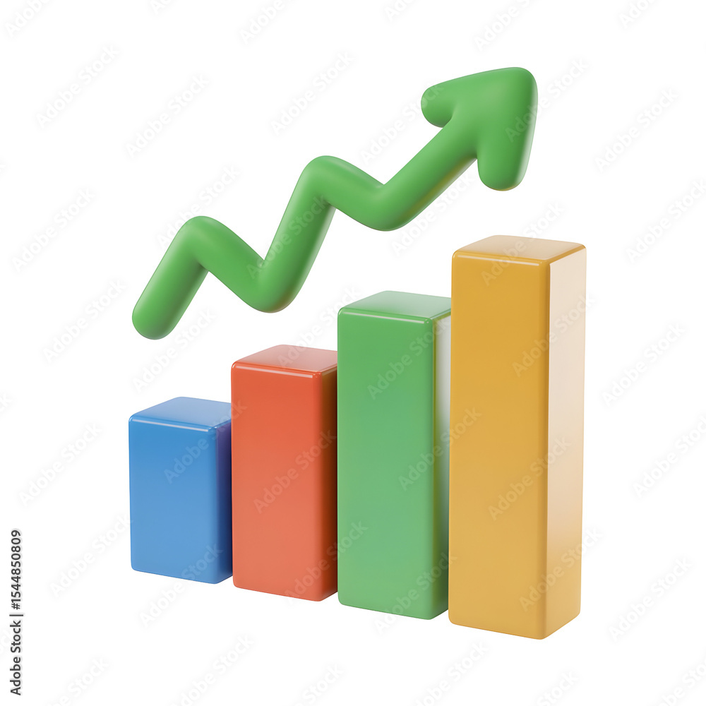 Poster colorful 3 d bar graph with upward arrow isolated on a transparent background