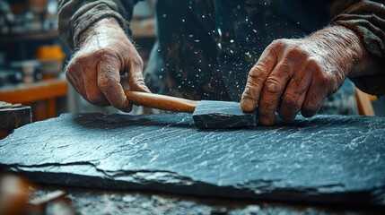 Pennsylvania slate artisan demonstrating traditional stone splitting technique with weathered hands and chisel creating natural fracture lines