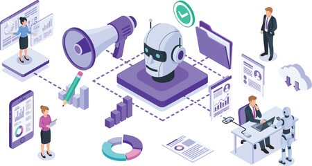 Isometric illustration of ai integration in business operations with human and robot collaboration