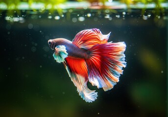 Colorful betta fish swimming gracefully in a vibrant aquarium, surrounded by plants