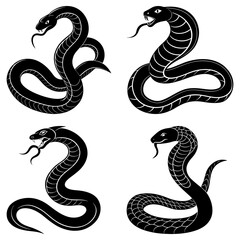 Fototapeta premium Four black cobra snakes in different poses with their tongues out on a white background illustration art