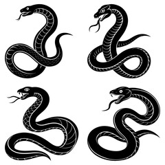Obraz premium Four black and white stylized snakes with forked tongues in various coiled positions graphic art