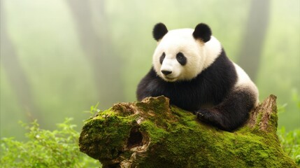 Obraz premium Giant panda lounging on moss-covered tree stump in serene forest, showcasing distinctive black-and-white fur with calm expression and blurred green background.
