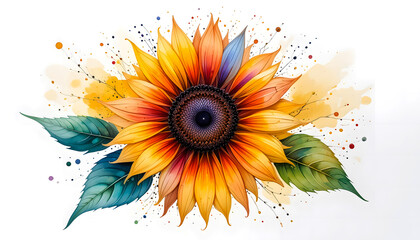 A vibrant and colorful watercolor painting of a sunflower, featuring rich orange and yellow petals, a dark center, and three green leaves, with artistic paint splatters on a white background.
