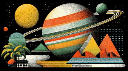 Cosmic adventure featuring colorful planets and geometric shapes digital artwork outer space vibrant abstract