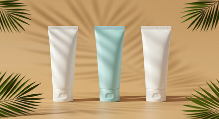 Fototapeta premium Three cosmetic tubes stand on a tan surface with palm leaf shadows