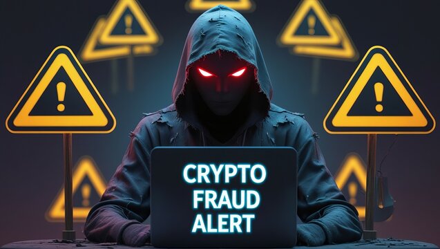 A masked figure in a hooded sweatshirt sits before a laptop displaying 'Crypto Fraud Alert,' surrounded by warning signs.