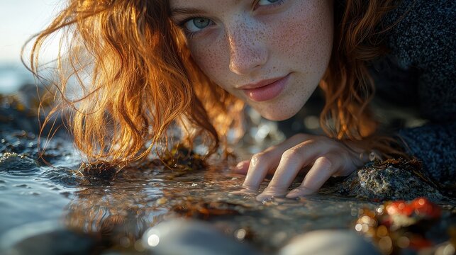 Tidepool textures with young woman exploring coastal waters, freckled face, auburn hair, golden hour lighting, natural marine environment, rocky shoreline - Powered by Adobe