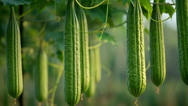 Lush Green Loofahs Hanging on Vine Abundant Harvest Organic Farming Agriculture Fresh Produce Healthy Eating Vegetable Gardening