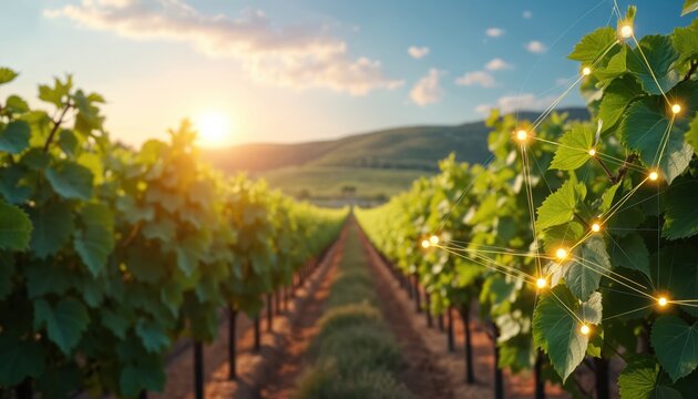Smart vineyard with digital network overlay. Automation, precision agriculture, monitoring tech manage grape plantation. Innovation, efficient farming system for wine production, data analysis for - Powered by Adobe