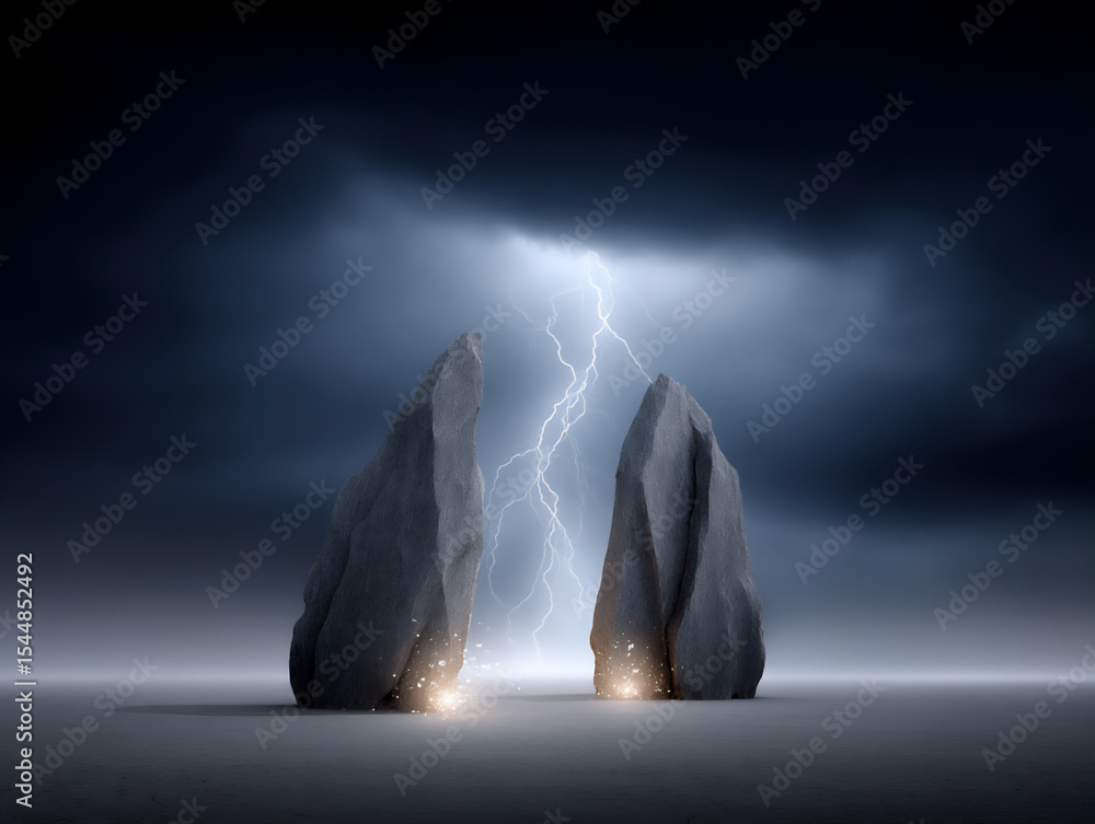 Poster a dramatic 3d rendering of a colossal stone statue being struck by lightning