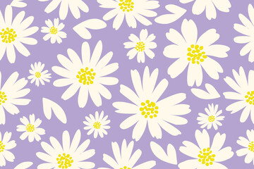 Fototapeta premium Seamless daisy floral pattern with white petals and yellow centers on a soft lavender background—perfect for spring designs, textiles, and cheerful wallpapers. 