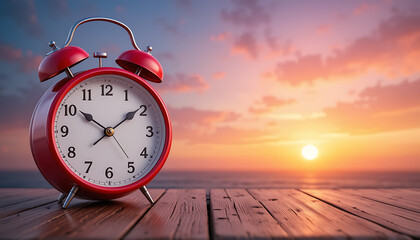 A red clock on a wooden table with a pastel gradient sunset background.
