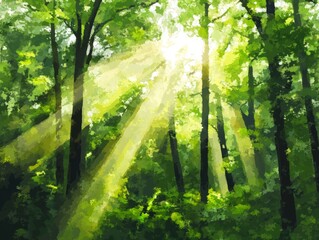 Obraz premium A serene forest scene featuring tall trees and dappled sunlight, created in the manner of animated illustrations, serves as the background with text-based elements