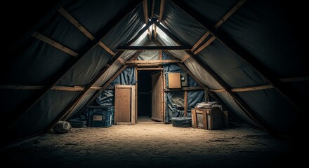 Naklejka premium Dark and Dusty Attic Interior with Wooden Beams