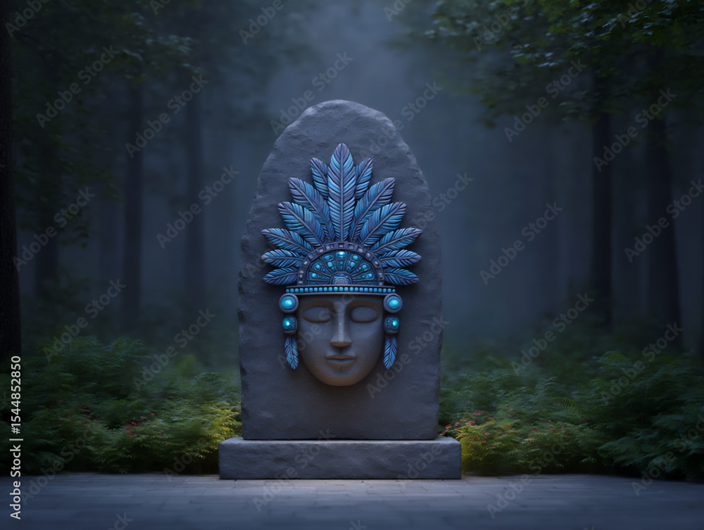 Poster an awe-inspiring 3d rendering of a colossal weathered stone carving of a mayan deity with intricate