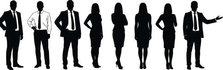Silhouettes of professional business people, male and female executives in formal attire, standing in various poses, team concept, corporate illustration, leadership, management, 