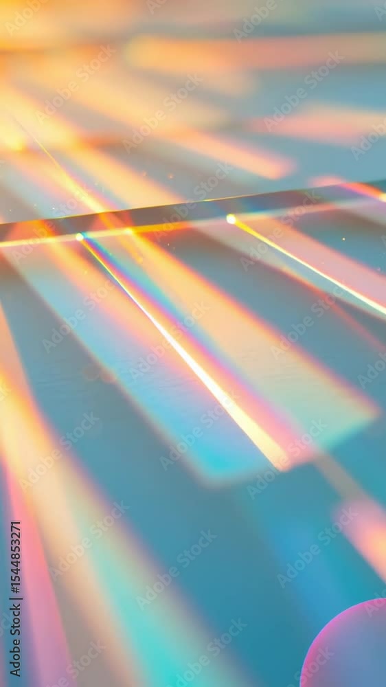 Poster bright rays of light create vivid reflections and shadows, showcasing a colorful display on a surfac