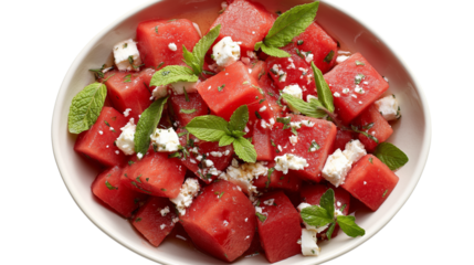 Watermelon salad with feta and mint in shallow bowl, flat lay, white background, PNG