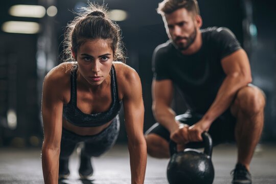 Focused woman doing pushups trainer nearby with kettlebell in a gym