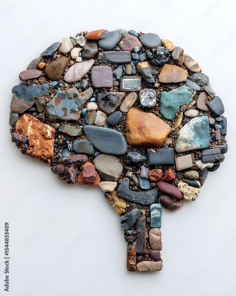 Poster artistic representation of a human brain shape created from various colorful stones and pebbles, sym