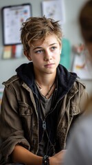 Portrait of a Pensive Teenager Wearing a Brown Jacket