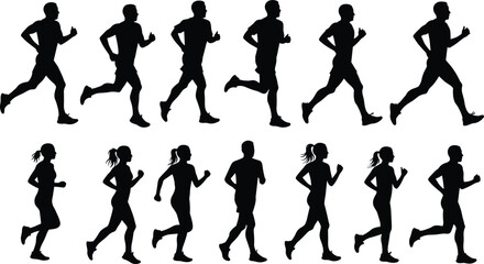 Silhouette of people running in motion, male and female joggers in various poses, fitness activity illustration, black vector runners on white background, healthy lifestyle concept art