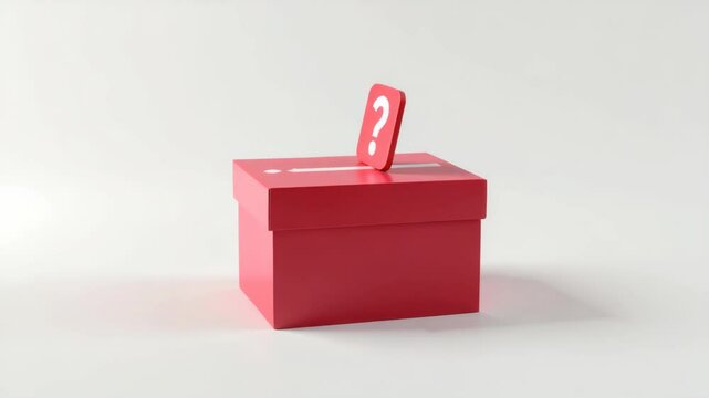 A pink mystery box with a question mark card inserted in the slot, set against a neutral background.