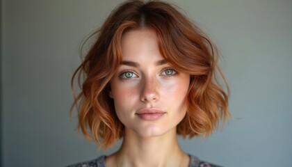 Naklejka premium Attractive young woman with ginger layered bob hairstyle. Soft waves framing face. Portrait of female with natural beauty, freckles and fresh smooth skin. Elegant hair styling and modern look.