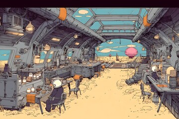 An illegal black market operating from a derelict space station, dealers trading in Earth artifacts and contraband Martian soil samples