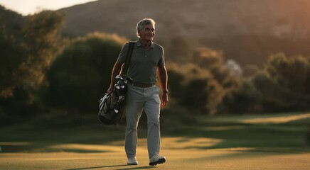 Confident senior man with gray hair walking on a golf course at sunset, wearing a polo shirt and carrying a golf bag, smiling and enjoying the warm evening light. - Powered by Adobe