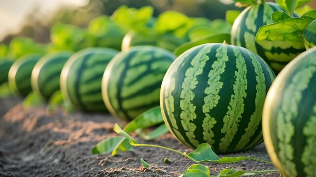 Lush watermelon field with vibrant green melons at sunset