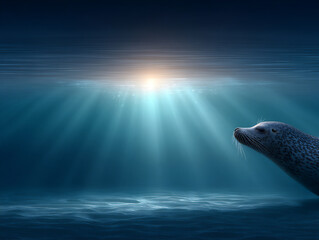 a peaceful underwater image of a sea lion sleeping serenely on the sandy ocean floor