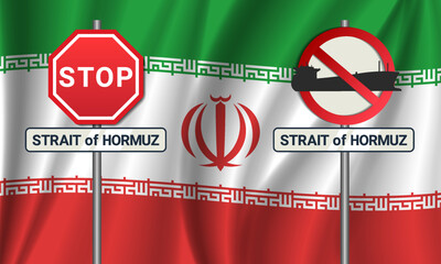 Vector wavy flag of Islamic Republic of Iran. Strait of Hormuz and prohibitory sign. Prohibition on movement of oil tankers. Iranian ban. Stop