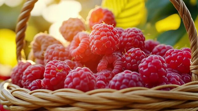 Fresh ripe raspberries in sunlit wicker basket outdoors
