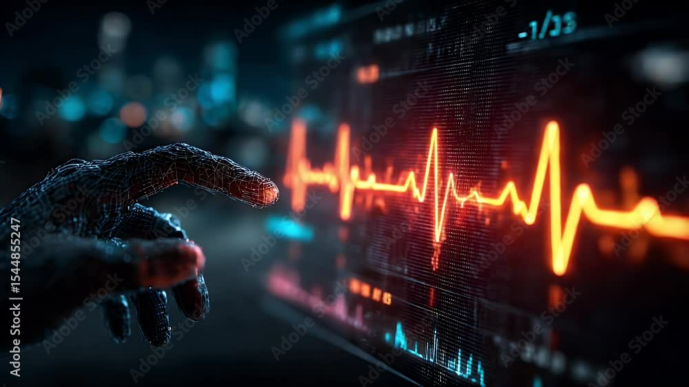 Poster futuristic hand interacting with animated heart rate monitor display