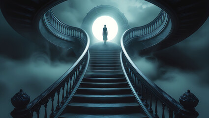 Dark Teal Staircase Ascending to Bright Moonlit Portal