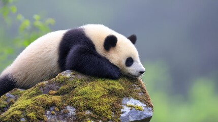 Fototapeta premium Serene young panda resting on moss-covered gray rock with closed eyes, black-and-white fur, tranquil forest setting, soft green foliage, hazy blue-gray atmosphere.