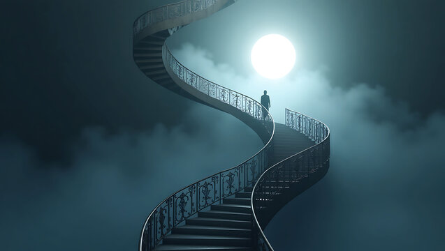 Man Ascending Ornate Spiral Staircase Moonlit Cloudscape - Powered by Adobe