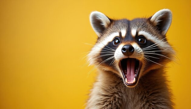 Shocked raccoon portrait with open mouth, bright yellow background. Surprised animal face, big eyes express excitement, amazement. Funny comic emotion, wow news, happy offer, joyful, joy, fun.